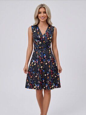 Black Floral Twist Front A-line Dress